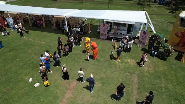 Vista aérea de un evento al aire libre con mascotas de gatos, carpas blancas, público y un bus amarillo sobre el césped.